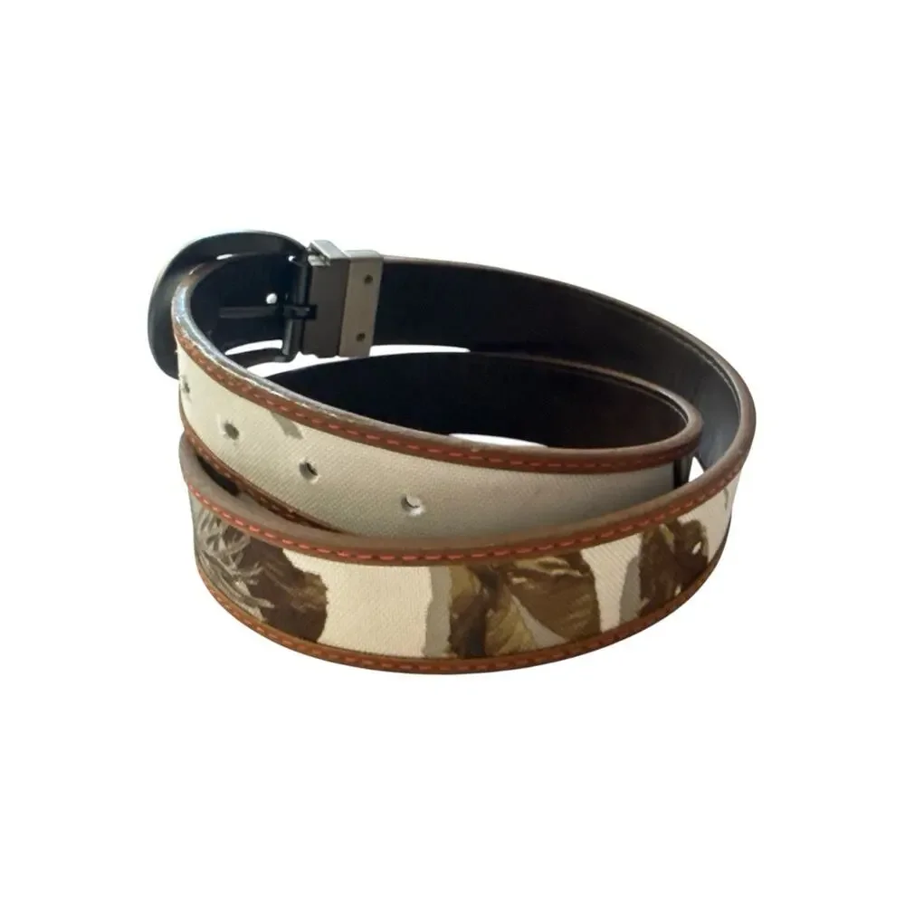 Realtree Belt Reversible Brown Leather White Camouflage Brush Nickel Buckle M/L